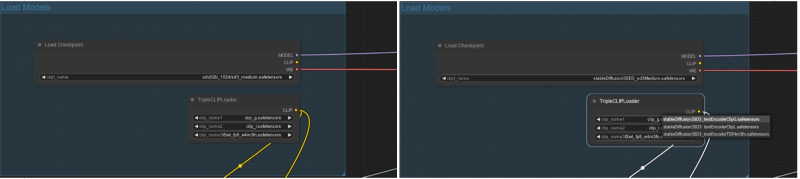  Слева — имена файлов собственно SD3M-модели в ноде «Load Checkpoint» и трёх моделей преобразователей в ноде «TripleCLIPLoader» в том виде, как они указаны в опорной циклограмме ComfyAnonimous; справа — в процессе исправления их на те, что актуальны для доступных к загрузке пользователями файлов того же предназначения 