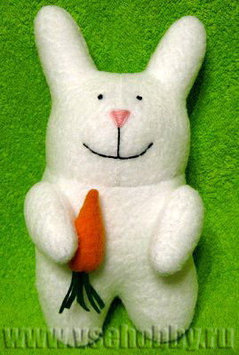 Мягкая игрушка белый кролик Сшиваем, детали, набиваем, Белый, флиса, Выворачиваем, Кролик, части, передней, мордочку, пришиваем, мордочки, Кроим, морковку, Пришиваем, кролика, морковкой, Кролика, игрушка, сшить