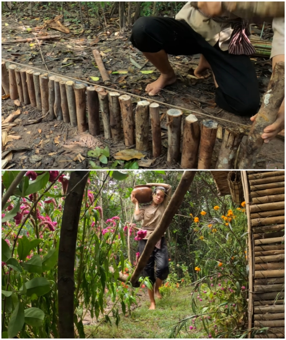 Декоративный забор, цветы и зеленая травка станут украшением двора.