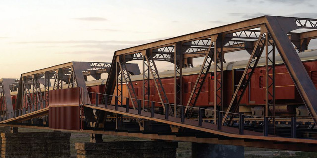 Поезд-отель на мосту над рекой в Африке