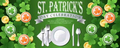 St. Patricks Day celebration text on green background banner or website header template with irish shamrock leaves, Leprechauns gold coins, beer mats, plate, knife, forks, spoon and napkin 