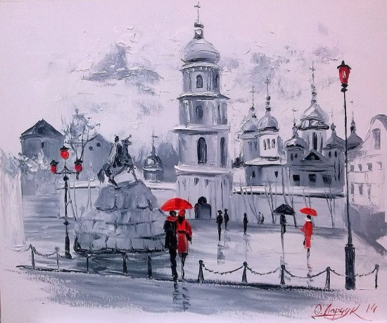 Художник Ольга Дарчук. Черно-белая любовь под красным зонтом 