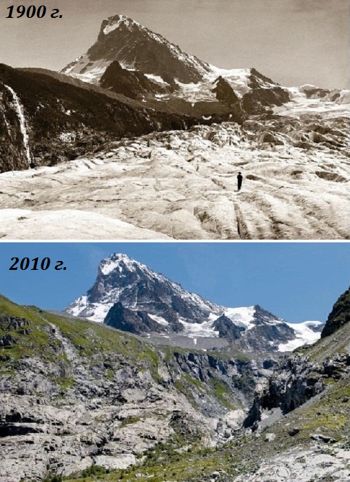 Вид на гору Дент Бланш (Dent Blanche) с глетчера Ferpecle (Швейцарские Альпы, снимки 1900 г. и 2010 г.). | Фото: 4sport.ua.