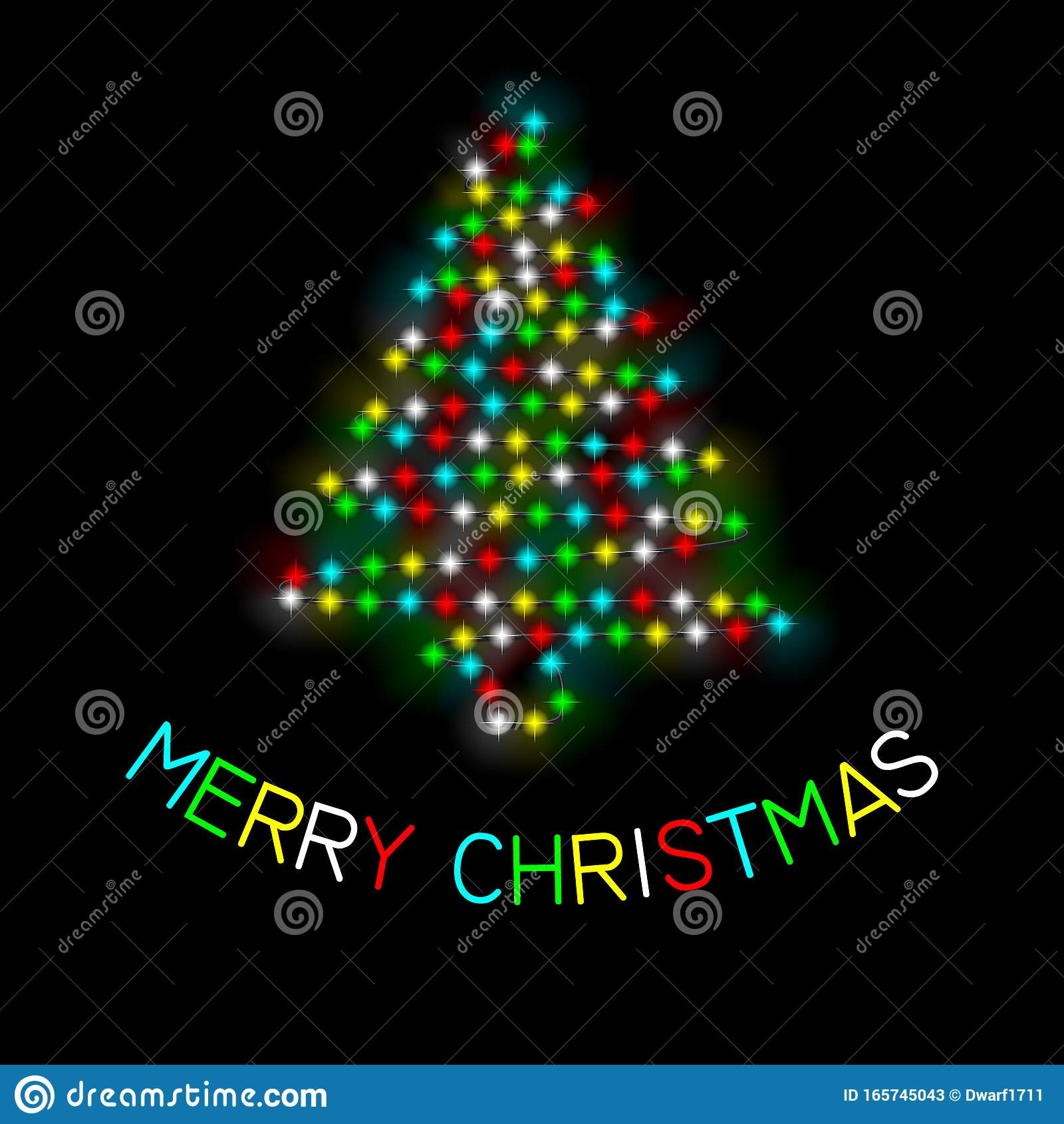 Social network post or square banner vector template with colored lights in the form of Christmas tree and colored Merry Christmas lettering on black background.