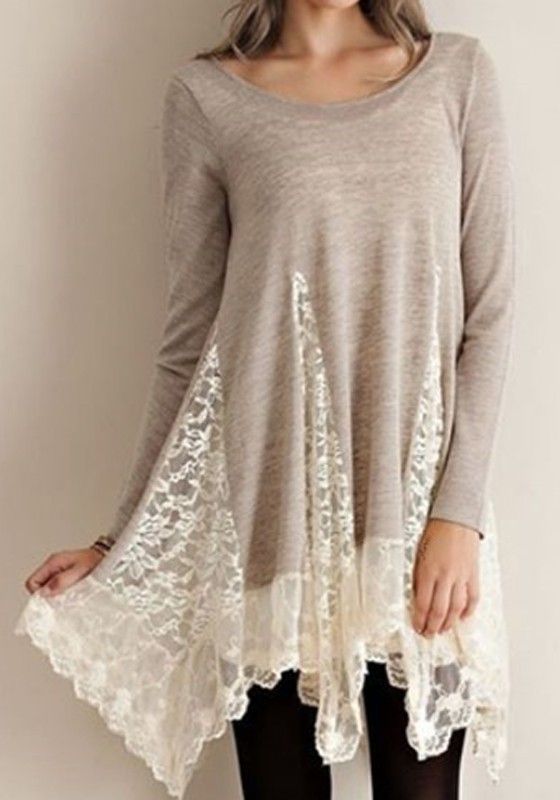Light Grey Patchwork Lace Long Sleeve Fashion Cotton T-Shirt