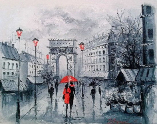 Художник Ольга Дарчук. Черно-белая любовь под красным зонтом 