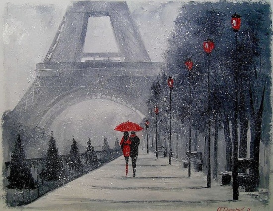 Художник Ольга Дарчук. Черно-белая любовь под красным зонтом 