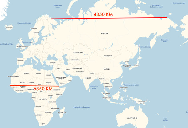 Маленькая Африка и Огромная Россия на проекции Меркатора. (рисунок ЯндексКарты)
