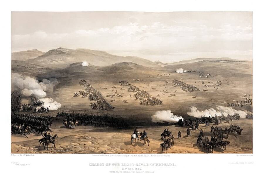 «Атака лёгкой кавалерии под Балаклавой». Рисунок художника Вильяма Симпсона, 1855 г. Изображена атака британской легкой кавалерии под Балаклавой, закончившаяся катастрофой