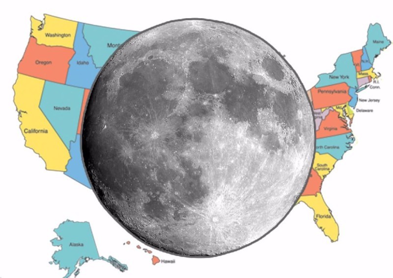 Сравнение размеров Луны и США география, земля, интересно, интересное, карты, мир, поучительно, факты