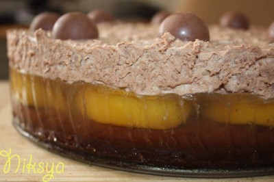 Шоколадный торт с персиками