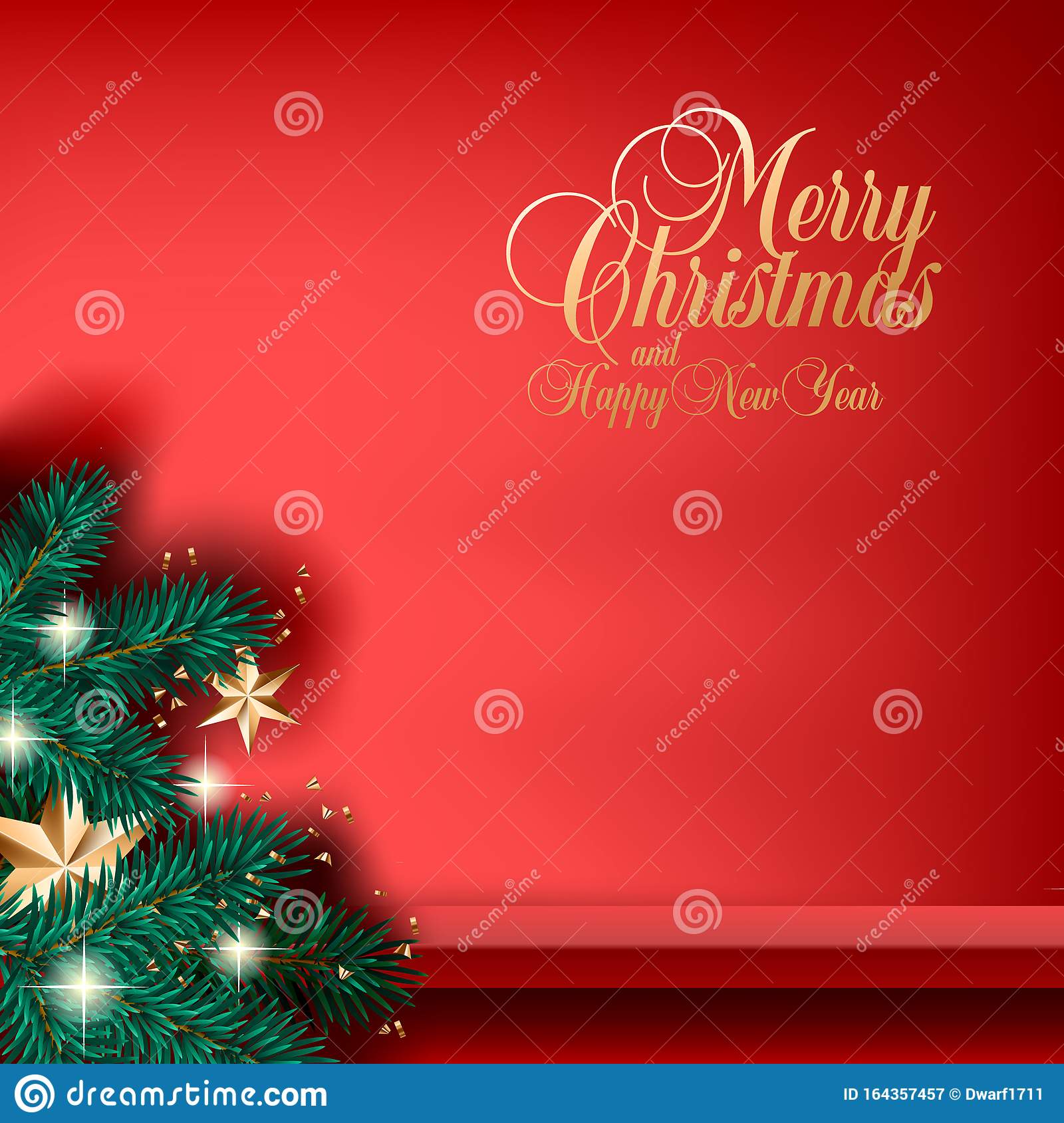 Christmas tree, stars and lights vector square banner or social media post template with red shelf for goods on the wall. Golden Merry Christmas and Happy New Year calligraphic lettering on red background.