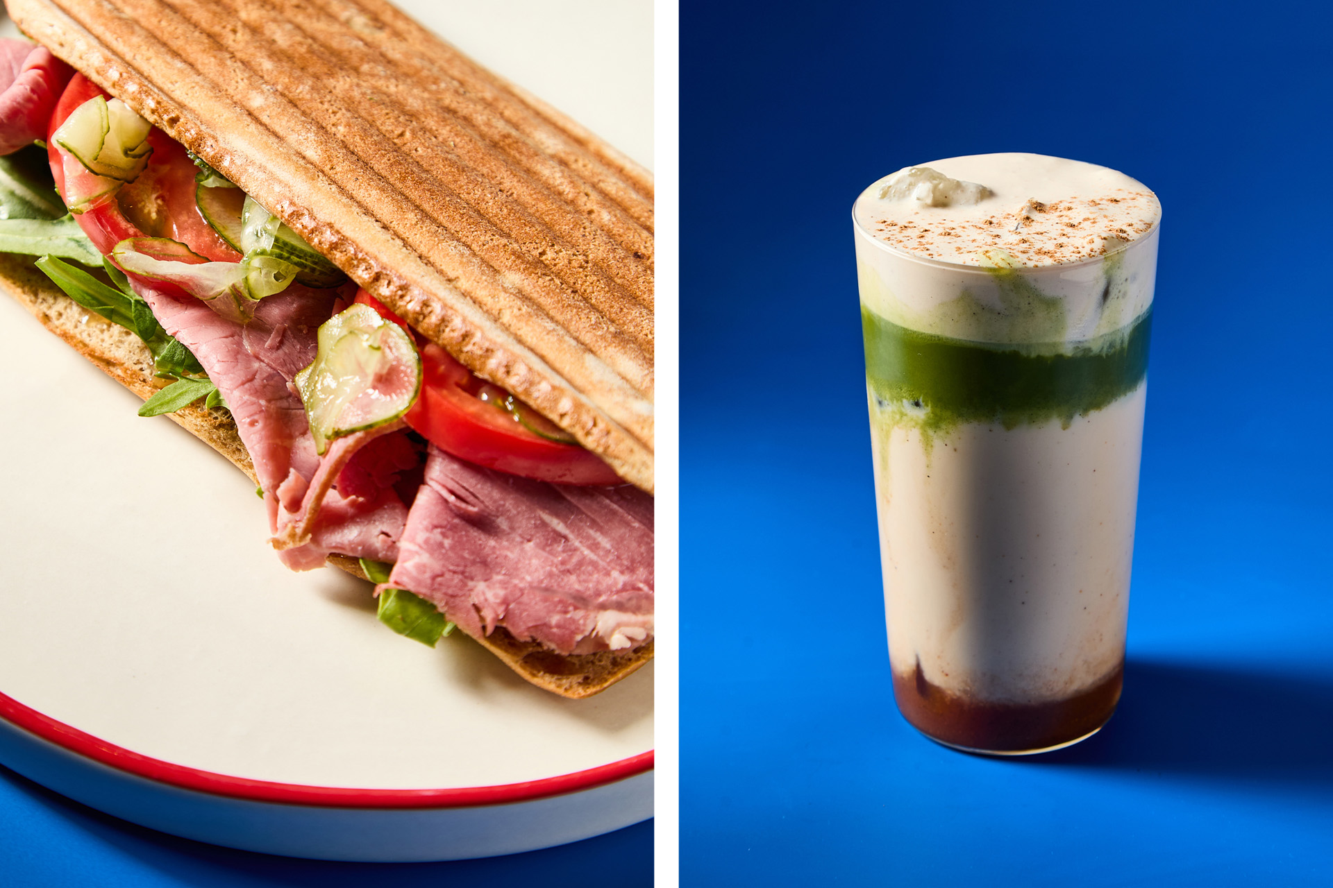 Сэндвич с пастрами и томатами / матча с пряной тыквой и кокосовым кремом