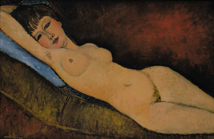 Nu Couch&#233; au coussin Bleu, 1916 г. Автор: Amedeo Modigliani.