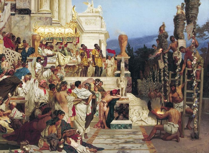 «Светочи христианства». (Факелы Нерона). 1882. «И свет во тьме светит, и тьма не объяла его», - фраза высеченная на раме этой картины. Автор: Генрих Семирадский. «Светочи христианства». (Факелы Нерона). 1882. «И свет во тьме светит, и тьма не объяла его», - фраза высеченная на раме этой картины. Автор: Генрих Семирадский.