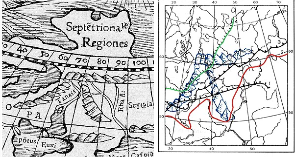 Рис. 6. Слева горная система Восточной Европы по Птолемею. Справа эти же горы (синий цвет) на фоне карты конечных морен различных ледниковых эпох.
