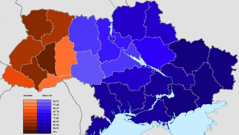 Карта использования русского языка на Украине (составлена по новостным запросам, постмайданный период)