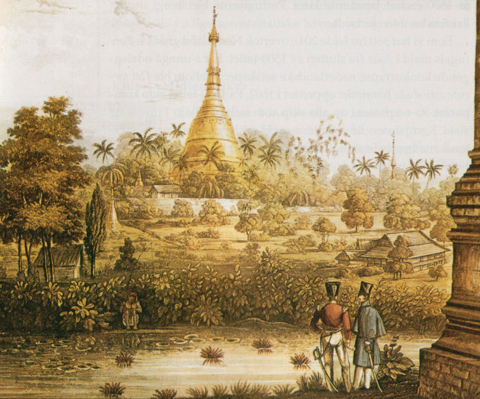 Британские офицеры перед пагодой в Бирме, литография XIX в.