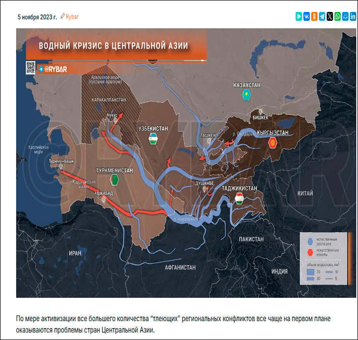    Схема искусственных каналов и естественного русла рек на карте ЦА. Скриншот издания Rybar