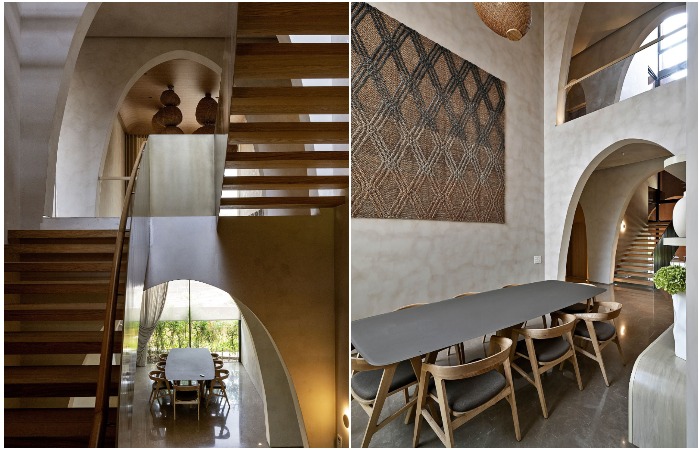 Столовая находится в двухуровневом объеме (Mirai House of Arches, Индия).