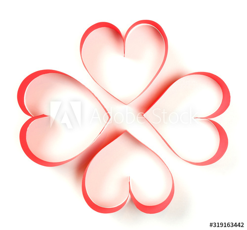 Four of red paper hearts on white background top view isolated. Good love, valentines day, womens day banner, offer, card, invitation, flyer, poster template.