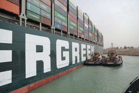 Stranded container ship Ever Given, one of the world's largest container ships, is seen after it ran aground, in Suez Canal, Egypt March 25, 2021. Suez Canal Authority/Handout via REUTERS ATTENTION EDITORS - THIS IMAGE WAS PROVIDED BY A THIRD PARTY. NO RESALES. NO ARCHIVES