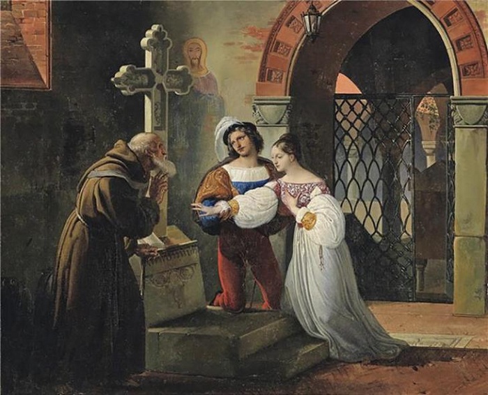 «Брак Ромео и Джульетты». (1830 год). Автор: Франческо Хейз.(Юноша отдал Джульетте сердце, и она взяла его со страхом... Тайну сохраня, старик Лоренцо их соединил законным браком...) 