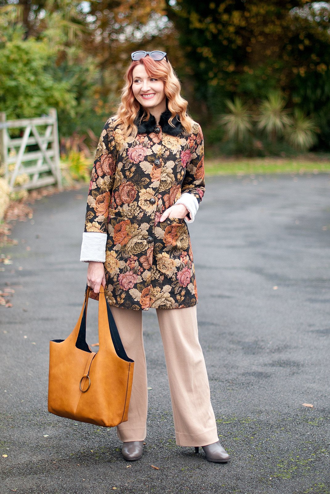 Autumn dressing, fall outfits, winter florals: Floral tapestry coat with fur collar, wide leg camel trousers, grey ankle boots | Not Dressed As Lamb, over 40 fashion
