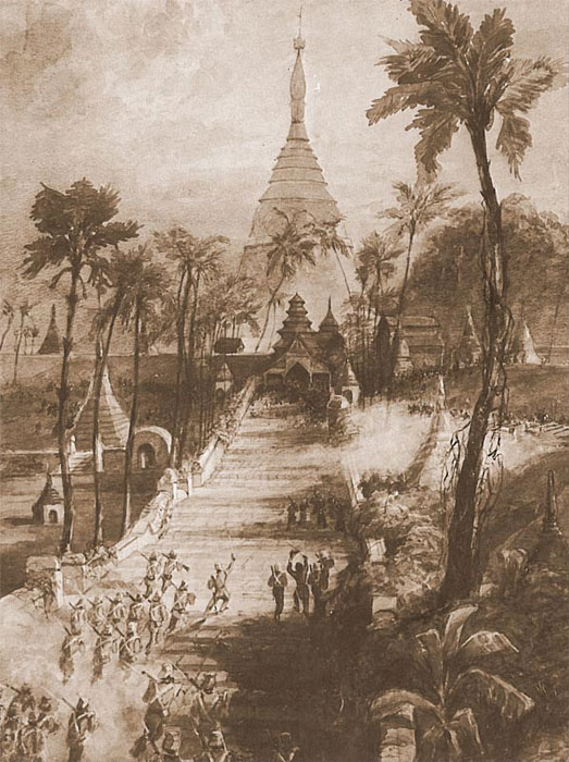 Британские войска атакуют бирманскую армию перед  пагодой Шведагон во время Второй англо-бирманской войны в 1852 году. Ворвавшиеся в буддийский храм британцы были удивлены, обнаружив, что этот центр религиозной жизни страны покрыт чистым золотом.