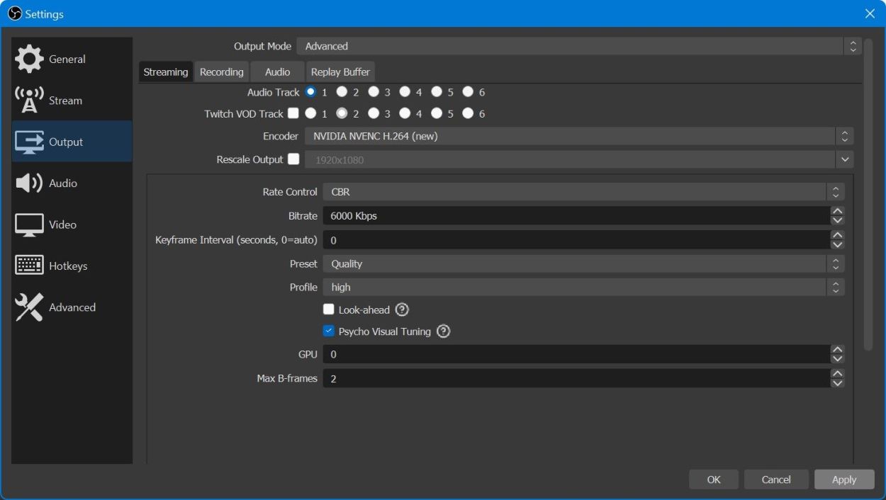 OBS output settings