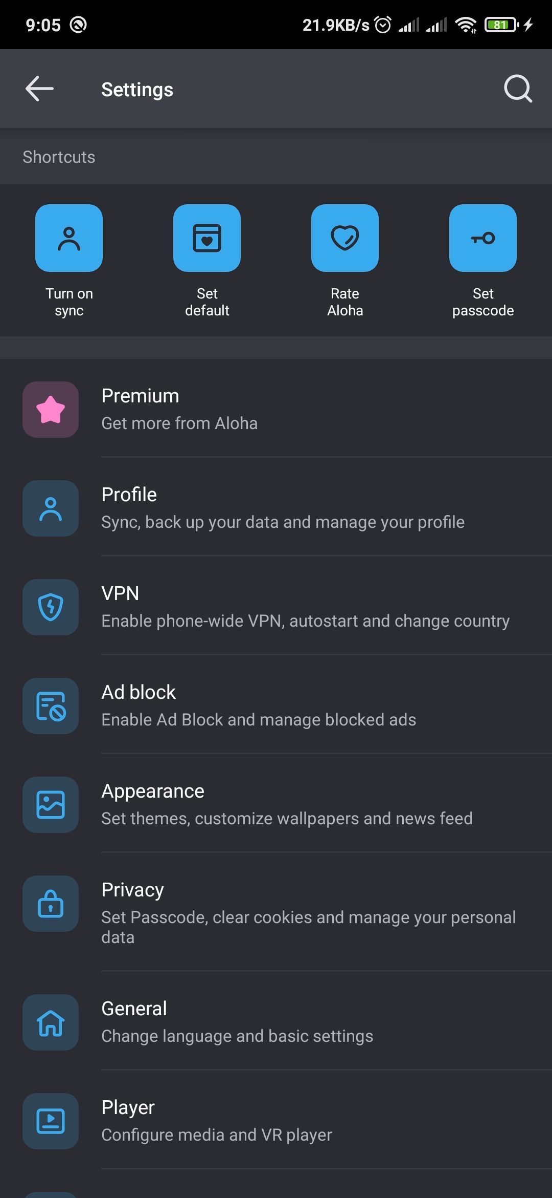 Settings page in Aloha browser