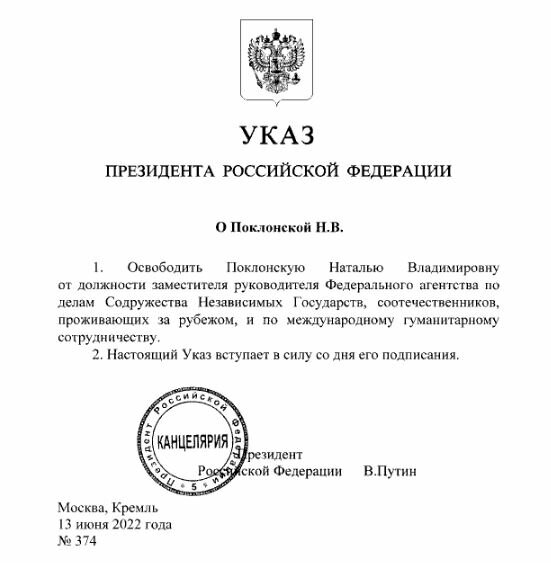 Указ президента об увольнении Поклонской (иллюстрация – источник Официальный интернет-портал правовой информации pravo.gov.ru)