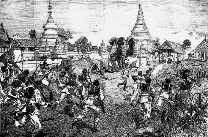 Атака британских солдат. Англо-Бирманская война XIX века.