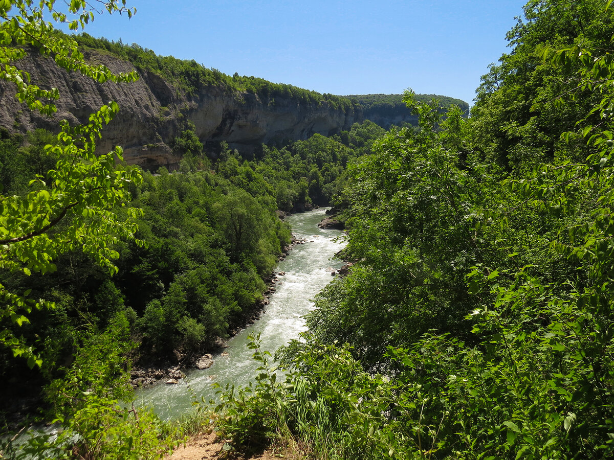 Вид с тропы на Хаджохский каньон реки Белой, вдали хребет Унакоз.