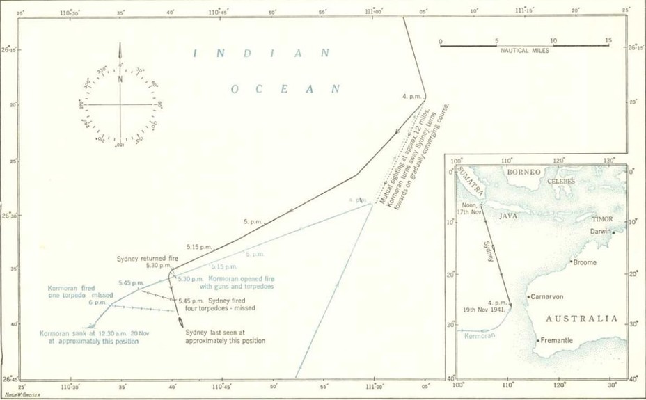 ​Схема боя Sydney (чёрная линия) и Kormoran (синяя линия) 19 ноября 1941 года awm.gov.au - Крейсер Sydney: триумф и трагедия | Warspot.ru