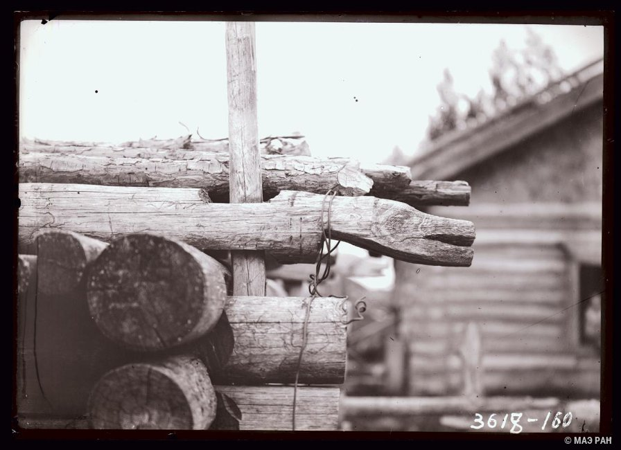 Резные головы медведя на срубе. Ульчи. Хабаровский край, Удан стойбище. Не позднее 1927