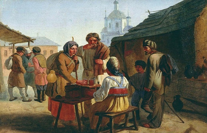 Вот так каждый день продавали квас. Репродукция картины Калистова(Каллекстова) В. Е. Продажа кваса. 1862 г. / Фото: upload.wikimedia.org