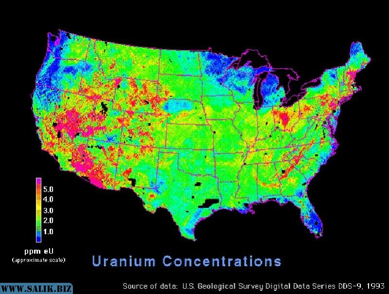 Красные (по шкале) отмечается концентрация урана. Слева как раз располагается Гранд-Каньон, как можно заметить, там почти все окрашено в красный цвет.