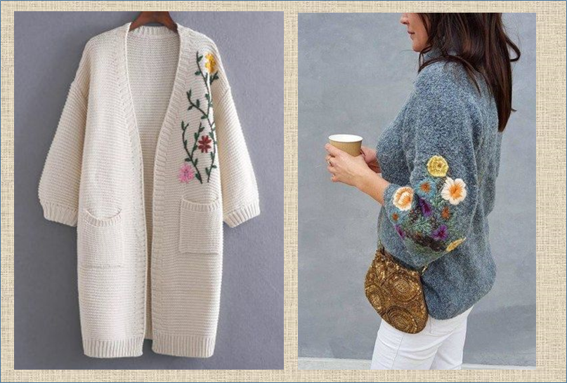 А давайте украсим свои кофточки и свитера весенними цветами - примеры и способы вышивки по вязанному полотну вышивка,декор,мода,одежда