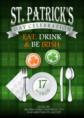 St. Patricks Day celebration, eat, drink and be irish text on green tartan background invitation, card, poster or flyer template with beer mats, plate, knife, fork, spoon and napkin 