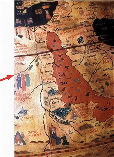 Рис. 2. Древнейшее, насколько известно автору, изображение Нубийского притока Нила на глобусе Мартина Бехайма 1492 года (указан стрелкой).