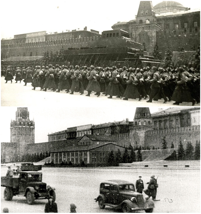 Мавзолей Ленина во время парада 7 ноября 1941 г. и как его замаскировали. | Фото: putin-today.ru.