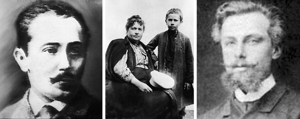 Слева направо: отец Алексея Толстого Н.А. Толстой; Алексей Толстой с матерью в отрочестве; отчим А. А. Бостром