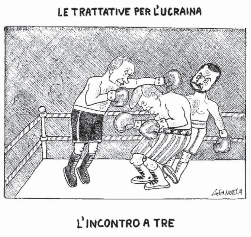 Карикатура итальянского издания Corriere Della Sera о будущей встрече Путина, Зеленского и Трампа.