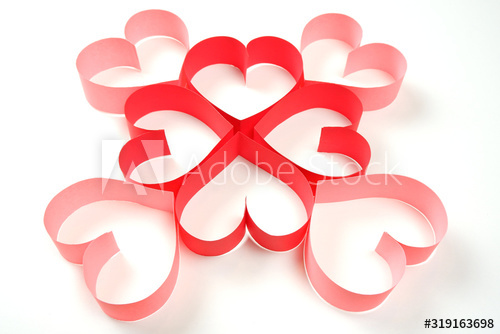 Four of red and four of pink paper hearts on white background isolated. Good love, valentines day, womens day banner, offer, card, invitation, flyer, poster template.