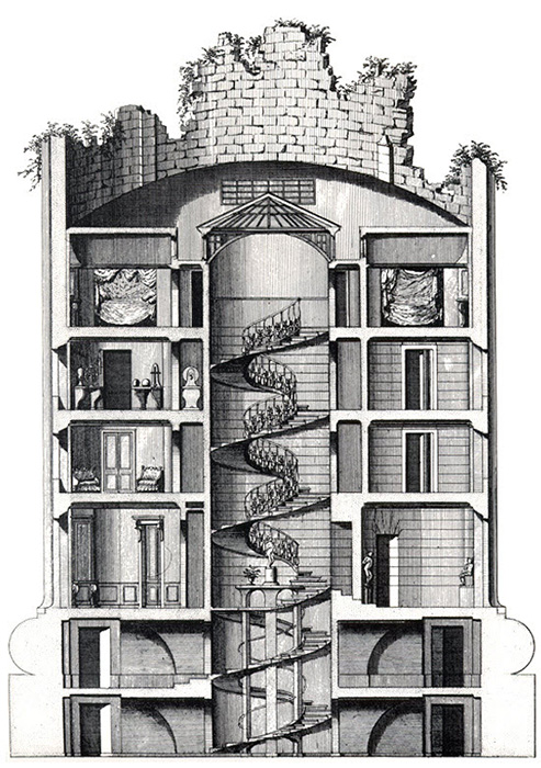 Поперечный разрез Дома в форме разрушенной колонны в Дезерт де Рец.