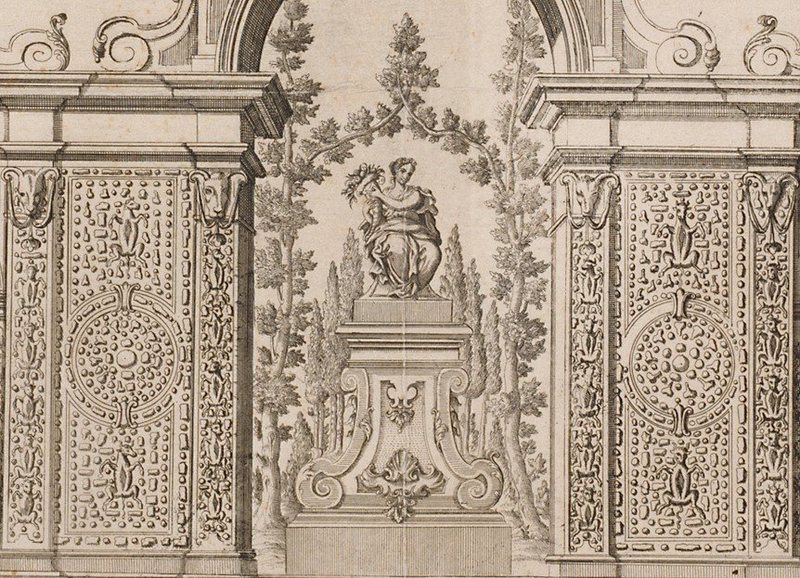 This Cuccagna close-up shows the food pinned to the monument's walls.