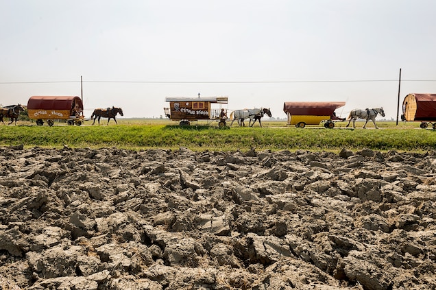 Life on the road can be challenging. In Cirque Bidon, for example, travel is slow. The circus moves from one
village to another by horse-drawn caravan at a speed of about two and a half miles an hour.