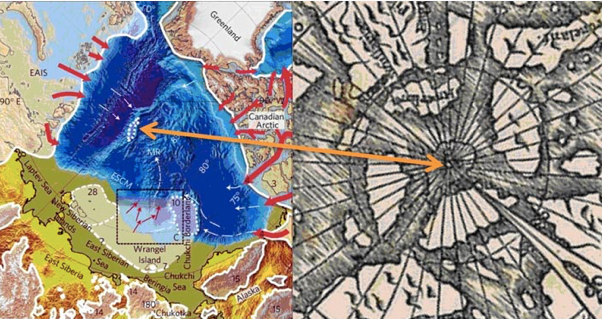 Рис. 8. Приполярный ледник Хребта Ломоносова (отмечен белым пунктиром у полюса на панели слева) соответствует несуществующей земле на карте Оронса Фине 1508 года (указана стрелкой справа). 