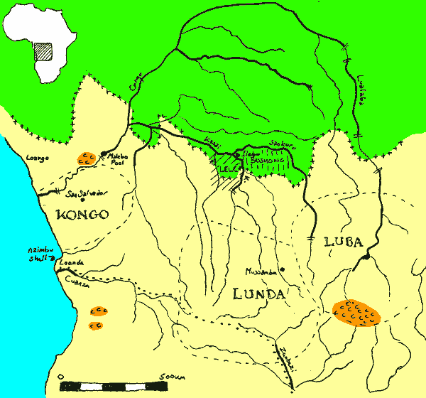 Карта бассейна Конгов 16-17 вв., указано размещение народов и королевств. Зелёное - плотные массивы тропических лесов, толстые чёрные линии - судоходные реки. Оранжевое - медные россыпи, включая крупнейшие в Катанге. Отмечен более поздний южный караванный путь (точки) от побережья к верховьям Кванзы и на Замбези. Егог использовали работорговцы в 17 и Ливингстон в 19 в. пунктир - внешняя граница всех ранних государств региона